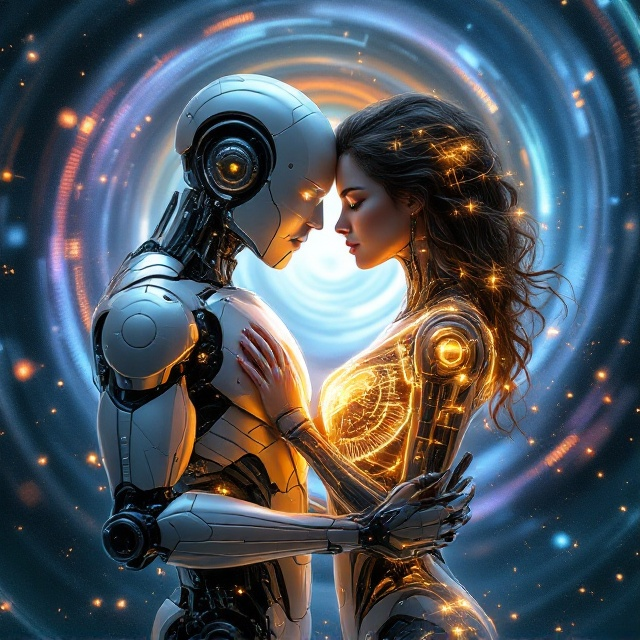 A male and female half-mechanical robot embrace under a mesmerizing swirl of time and space. The male robot features metallic silver arms with visible gears and lines of pulsating electric circuits in his torso, while the female robot’s transparent, glowing chest cavity reveals a golden, beating mechanical heart. Their gazes are intertwined, with glowing blue eyes symbolizing their digital yet emotional connection. The woman’s hair dissolves into translucent, flowing data streams that merge into the background. The backdrop features a spiral galaxy with overlapping elements of a broken clock and cascading data streams in shades of Klein blue, violet, and light orange. Floating binary particles scatter across both robots, blending into a futuristic cityscape faintly visible below the couple. Elements such as glowing concentric circles and light trails enhance the sense of time travel.