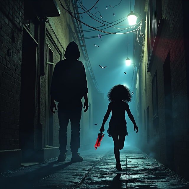 A dimly lit, narrow alleyway fills the background, with flickering, broken streetlights casting uneven light. Shadowy walls close in on both sides, creating a claustrophobic atmosphere. Phillipe, a sinister figure dressed in dark, tattered clothing, emerges from the shadows in the foreground. His low taper-faded head is illuminated slightly, but his face is largely obscured by shadow, giving him a menacing appearance. In the midground, a terrified young girl with curly black hair is mid-run, glancing back in fear. She clutches a sharp machete that gleams faintly under the dim streetlights. Blood stains streak parts of the machete as it reflects the limited light, hinting at danger and violence. Fog swirls at their feet, enhancing the eerie tension.