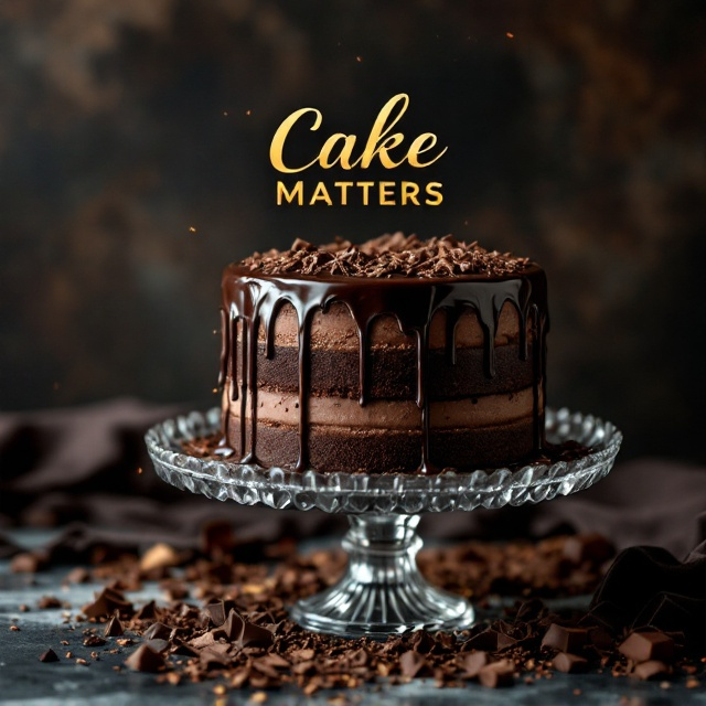A rich, sumptuous, three-layer chocolate cake dripping with glossy ganache is placed on an elegant crystal cake stand. The cake is surrounded by scattered chocolate shavings on the surface below. Luxurious ribbons of golden light softly highlight the edges of the cake, with a dark, slightly textured background—a blend of deep cocoa browns and charcoals—creating an air of mystery and indulgence. Light mist adds a subtle sheen, amplifying the richness of the scene.