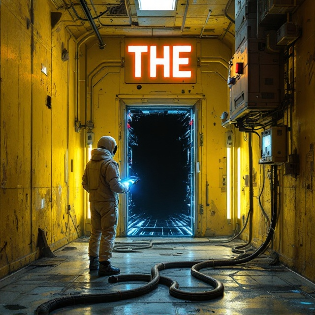 The cover portrays an endless maze of yellow-hued, decaying hallways with flickering fluorescent lights casting unstable illumination throughout. The corridors have peeling, damp walls that suggest abandonment. In the forefront, a lone scientist wearing a NASA-style research suit is positioned slightly to the left, holding a futuristic handheld scanner emitting a faint blue light. Their face is partially obscured by shadows and technology, enhancing the mystery. In the background, distorted humanoid figures emerge subtly out of focus, lurking in the shadows. Heavy industrial cables snake along the floor, leading to a malfunctioning portal machine emitting unstable energy waves surrounded by glitchy, blue holographic projections. A door slightly ajar reveals an infinite black void. The title, "THE," is prominently displayed at the top in glitchy, flickering text in white with distorted red highlights. Subtle hints of dust and static texture are integrated into the atmosphere, creating an unsettling sense of distorted reality.