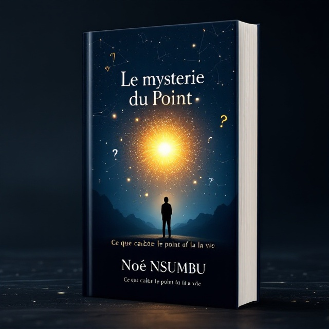 A deep blue and black gradient background fades from the edges toward the center, where a glowing dot (point) radiates a warm golden-white light. Around the glowing dot, punctuation marks (?, !, ..., ;) orbit like celestial bodies, each glowing faintly. A silhouette of a lone figure stands in front of the glowing point, slightly off-center to add intrigue, gazing at it with subtle body language that suggests contemplation and resolve. The light emanates outward, blending into the dark background, symbolizing hope and transformation. The edges of the cover feature faint constellations, adding a layer of mystery.