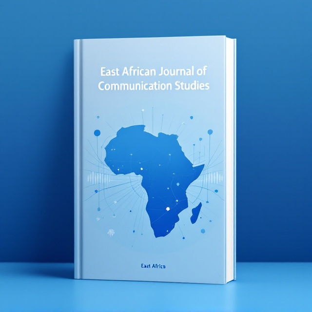 A stylized map of East Africa in a minimalistic blue palette, bordered by graphical elements resembling sound waves to signify communication. The map is centered, with a soft gradient in the background that transitions from light to dark blue, conveying a sense of warmth and optimism. Thin radial lines connect major cities within East Africa, symbolizing the interconnectedness of communication, while faint abstract iconography such as speech bubbles, satellite dishes, or media symbols appear subtly integrated into the background.