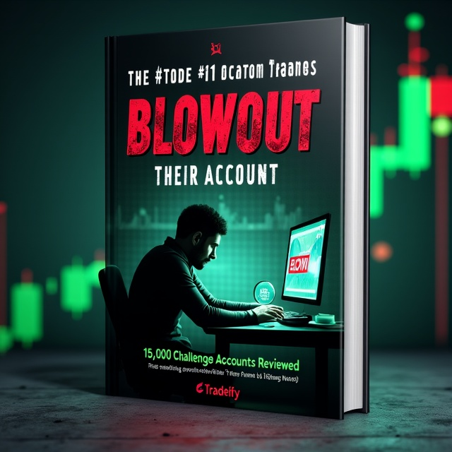 The background is a shadowy, ominous trading chart with blurred green and red candlesticks, focusing on a sharp downward red trend line plunging dramatically. In the mid-foreground, a distraught trader sits with his head in his hands, facing a dimly lit desk and a glowing computer screen flashing “Account Blown.” Overlaid, a large, clear magnifying glass highlights a zoomed-in failed trade entry on the trading chart. Subtle glowing green elements include a small, faint “Funded” stamp in the corner and a thin progress bar just below the title. The entire cover evokes urgency, failure, and hope.
