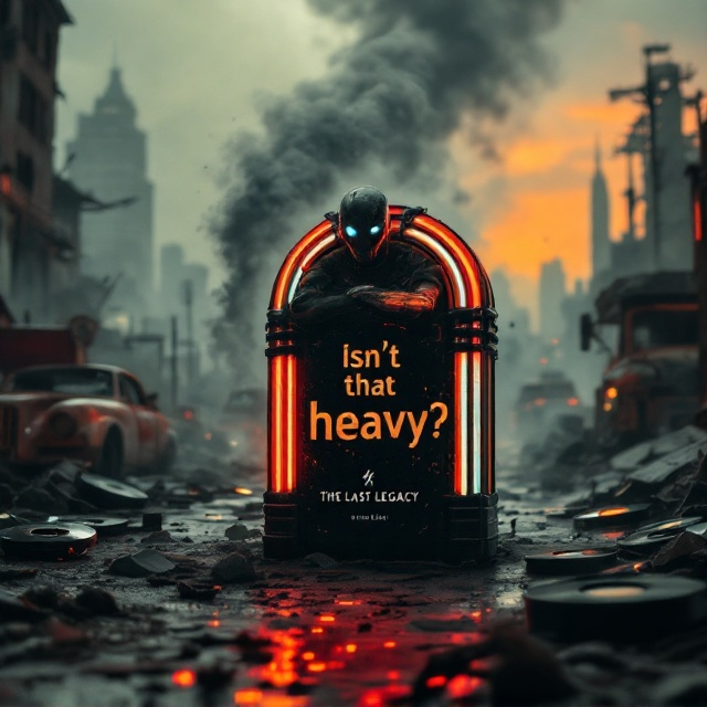 A desolate post-apocalyptic wasteland fills the background, with crumbling skyscrapers and rusted vehicles. In the center, a slightly damaged humanoid with glowing blue eyes leans against a vintage jukebox, which emits a faint orange glow. A cloud of ash swirls in the air, creating motion and atmosphere. The orange hues of the jukebox contrast with the black, grim elements of the destroyed environment. In the foreground, broken records and musical notes trail off into the distance.