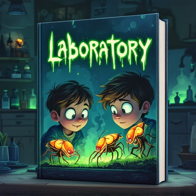 A cartoon-style illustration dominates the cover. The foreground features a preteen boy and a girl, their wide, curious eyes glowing slightly, as they lean forward, their noses almost touching the glass of a terrarium. Inside the terrarium, grotesque, otherworldly roaches with glowing, translucent shells and strange appendages skitter and crawl against a smoky neon green mist. The lab in the background is dim, with shadowy scientific instruments and faintly glowing vials adding to the eerie atmosphere. The roaches have exaggerated, creepy, yet whimsical details—oversized pincers, bulbous eyes, and spindly legs—that make them unsettlingly vivid. The colors are a mix of muted blues, greens, and grays, contrasting with the roaches' vibrant yellows and oranges.
