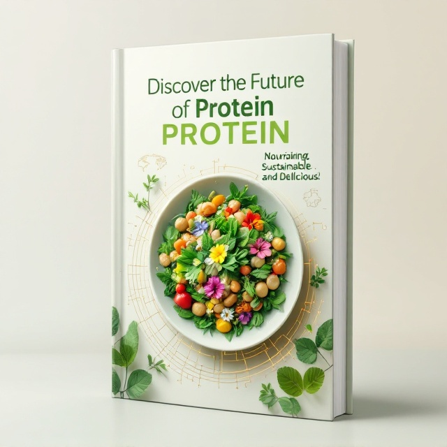 A clean white background with a soft gradient of green and beige, evoking a sense of purity and natural earthiness. The central image features a striking futuristic plate of plant-based protein—styled with legumes, leafy greens, and a colorful garnish of edible flowers. Surrounding the dish, faint, glowing digital lines subtly radiate outward, symbolizing innovation and technological advancement. Light, eco-friendly imagery (like abstract leaves and a world map faintly engraved in a circular glowing outline) surrounds the main composition, blending nature and science seamlessly.