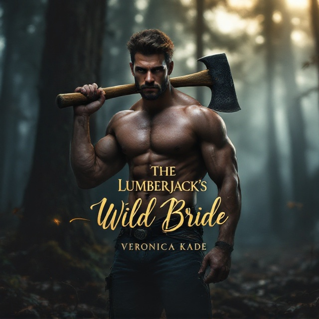A muscular, shirtless man stands in the middle of a misty forest with towering trees. He grips a large, slightly weathered ax over his shoulder. The man’s expression is a mix of brooding intensity and rugged handsomeness. His toned physique gleams in the low, diffused light of the woods. Shadows and filtered sunlight create an interplay of light and darkness, giving the scene a sultry, mysterious atmosphere. The forest floor is covered with fallen leaves, and there’s a hint of a cabin in the deep background.