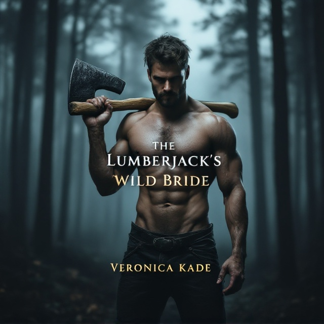 standing book mockup, Its title is "The Lumberjacks Wild Bride ". Its author name is Veronica Kade.  A rugged, shirtless man with a well-built physique stands in the foreground, gripping a large, weathered ax over his shoulder. The forest surrounds him with tall, shadowy trees reaching upward into a dark, moody sky tinged with deep hues of midnight blue and charcoal gray. The light subtly highlights the man’s muscular frame and glints off the edge of the ax, giving an air of danger and raw power. The background seamlessly blends into misty woods, creating depth and a sense of mystery. The book title, *"The Lumberjack’s Wild Bride"*, is bold in a sleek, serif font with gradient metallic effects in a silver-steel hue. The author’s name, *Veronica Kade*, appears at the bottom in a smaller, muted gold script font that contrasts softly against the darker backdrop without overpowering the main title., The man is centered with the title in bold lettering placed near the upper third of the cover, slightly above his chest for clear readability. The lower part of the cover includes the author’s name in gold, subtly placed to balance the image and typography. A faint layer of mist wraps around the edges of the cover, softly blending the text with the forest setting.