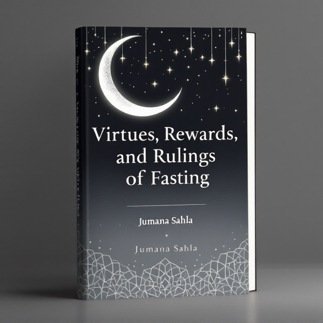 A serene crescent moon and twinkling stars hover in the background, symbolizing the Islamic connection to fasting and spirituality. The moon hangs against a gradient sky transitioning from deep black at the top to a soft grey at the bottom, evoking calm and reflection. Subtle geometric Islamic patterns overlay the bottom portion of the cover in white, creating a sophisticated texture. The title is displayed prominently in the center, with delicate silver accents outlining the text to make it glow. The author’s name is tucked neatly at the bottom in a smaller font.