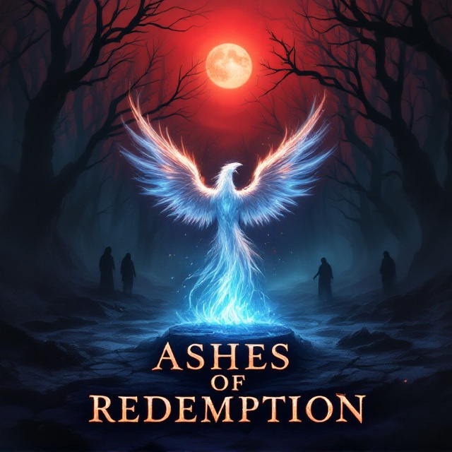 A dark, ominous forest with twisted, leafless trees stretches out under a blood-red sky. In the foreground, a burned artifact pulsates faintly with supernatural blue embers, resting on cracked, charred earth. Shadowy figures haunt the background, appearing as barely human silhouettes, their glowing eyes piercing through the dark. A ghostly, translucent phoenix rises from smoky ashes, symbolizing redemption amidst destruction.