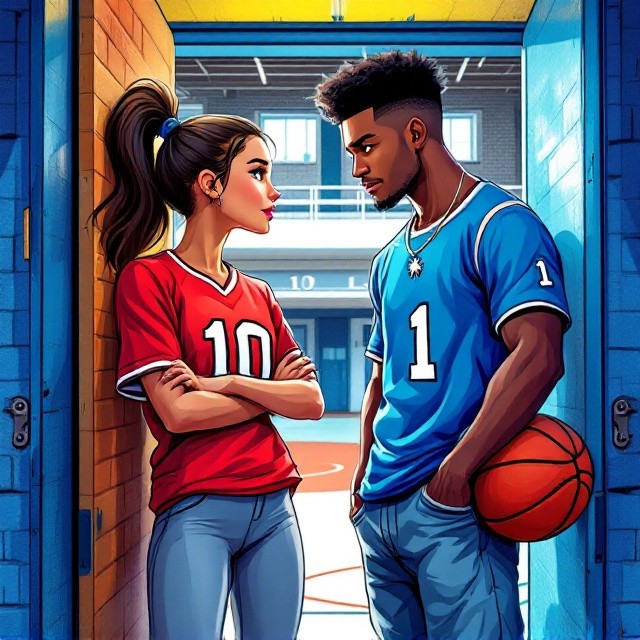 The cover features a cartoonish style with bright, lively colors. The girl with light skin and a high ponytail wearing a red softball jersey labeled "10" and grey tights leans casually against the brick entryway of her school’s gymnasium, arms crossed. On the opposite side of the doorway stands the guy with dark skin, athletic build, and a high-top fade haircut, wearing his blue basketball jersey labeled "1," baggy jeans, and a silver necklace with a spider pendant. He holds a basketball at his side with one hand and rests the other on his hip. Both characters exchange intense stares filled with a mix of rivalry and budding affection. The background shows glimpses of the school gym, framed in blue tones, emphasizing the sense of place while lending it a cohesive look with the primary blue color theme.