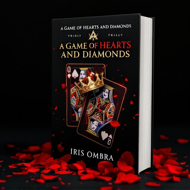 The background is a rich, velvety black, creating a lush canvas for the narrative's themes. At the center, a regal golden crown rests askew atop a slightly worn Queen of Hearts and Queen of Diamonds card. Red petals scatter across the bottom half of the cover, spilling over and blending into the edges, while a faint crimson hue outlines the cards, suggesting emotional stakes and passion. A faint crack runs diagonally across the Queen of Diamonds card, symbolizing betrayal and loss. Subtle shadows blend into the design to hint at the depth of the story, while a soft glow envelops the crown and cards, lending a sense of ambition and power.