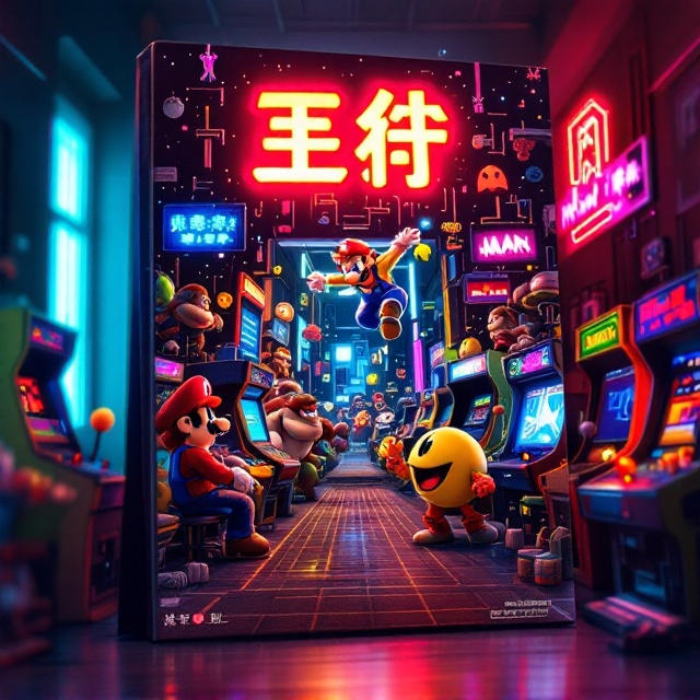 A nostalgic collage featuring iconic arcade game characters like Street Fighter's Ryu, Pac-Man, Mario, Donkey Kong, and Space Invaders, blended together into a vibrant, neon-lit arcade environment. The background consists of a dimly-lit arcade room with glowing retro arcade machines. The characters interact in a dynamic layout, as if they're stepping out of the machines; Pac-Man's dots trail across the lower portion of the cover, leading to Mario jumping at the top corner. The overall composition uses bright, saturated colors accented with glowing lights to evoke a retro-futuristic, 80s anime-style aesthetic.