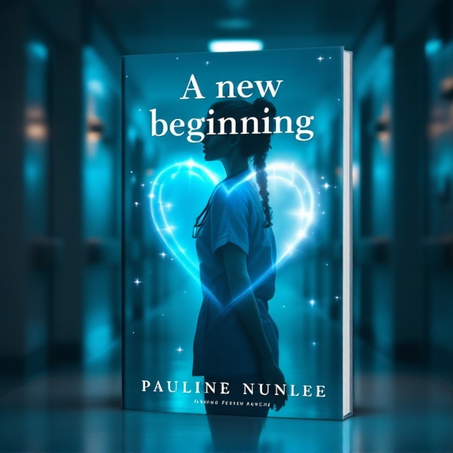The cover features an illuminated hospital corridor with soft lighting that reflects an early morning ambiance. In the foreground, there’s a powerful female surgeon in scrubs with her back slightly turned but her head confidently facing forward, clutching a stethoscope in one hand. A transparent semi-outline of a heart is faintly visible around her, seamlessly blending into the corridor lighting. The color palette emphasizes soft teal tones with gentle highlights illuminating the character and heart symbol.