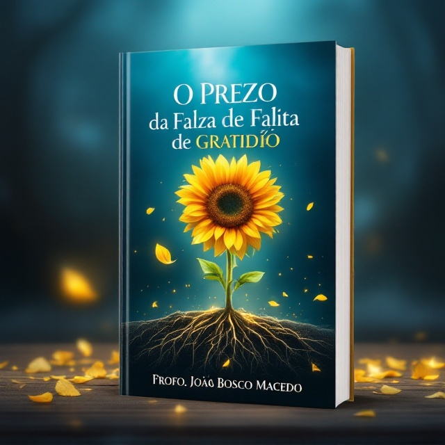 A calm, deep blue gradient background transitions from a darker blue at the edges to a lighter hue at the center, symbolizing transformation and growth. In the middle, an ethereal image of a sunflower with petals falling off represents gratitude fading away. Behind the sunflower, faintly glowing tree roots add depth and signify resilience and grounding. A subtle light beam shines towards the top-right corner, conveying hope and learning.