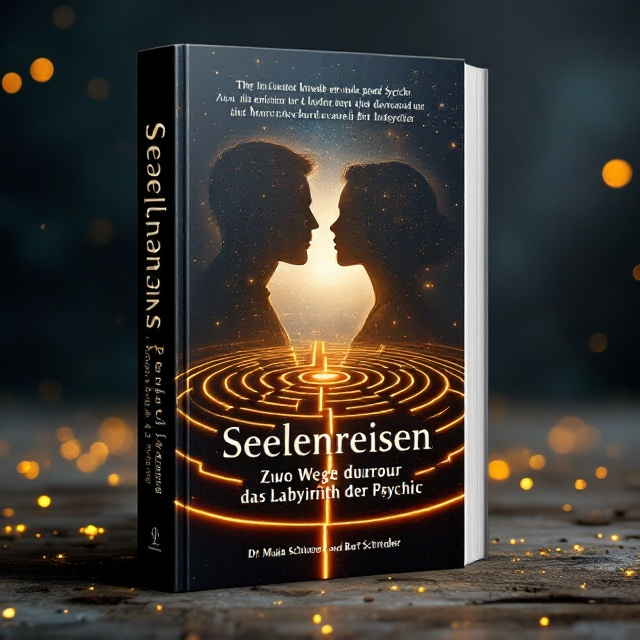 The front cover features a labyrinth built with soft glowing light trails on a dark, abstract background symbolizing the mysterious journey through the psyche. Two overlapping silhouettes of a man's and a woman’s profile emerge from the labyrinth, transparent yet illuminated subtly by the labyrinth's light. The title spans across the center. The spine carries a continuous segment of the labyrinth pattern, extending seamlessly from front to back. The back cover displays an excerpt of the book's synopsis framed by soft glowing light trails with faint imagery of winding paths in the background.