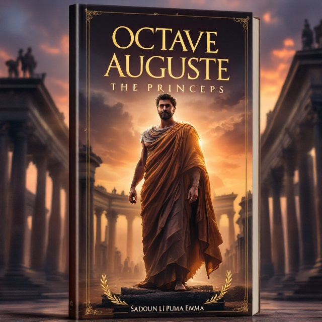 A striking scene of Octavian Augustus (Octave Auguste) standing in a heroic pose, draped in a flowing Roman toga, lit by a glowing golden light. In the background, a detailed Roman forum with imposing marble columns and statues, suggesting grandeur and timelessness. The sky is painted in hues of twilight–faint purples and oranges. A faint laurel wreath watermark encircles the lower half of the cover, symbolizing victory and imperial power.