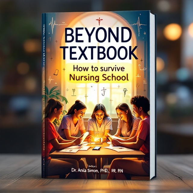 A vibrant, illustrated scene of a group of nursing students sitting together in a coffee shop or library. They are surrounded by open textbooks, a stethoscope on the table, and a laptop glowing with notes, representing their collaboration. In the background, faint sketches of medical symbols like caduceus and ECG lines subtly blend into the design, creating an inspiring atmosphere of their shared journey. The cover features a warm, gold-toned light casting on the group, symbolizing hope amid challenges.