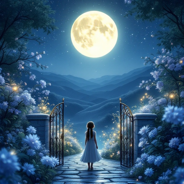 standing book mockup, Its title is "The Moonlit Garden".  A serene scene of a lush, glowing garden bathed in silvery moonlight dominates the cover. The flowers, gently luminescent in hues of soft blues, purples, and silvers, create a magical, dreamlike ambiance. A wrought-iron gate, slightly ajar, is placed in the foreground, inviting the viewer into the scene. In the middle ground, a young girl with braided hair and a flowing dress (Liora) stands in awe, her back to the viewer, gazing at the radiant blooms. Above, the night sky shimmers with stars and a large glowing moon casts a mystical light that envelops the entire cover. Shadows of rolling hills rise faintly in the distance, giving a sense of depth and quiet mystery. The title, *The Moonlit Garden*, is styled in an elegant serif font with a whimsical twist. The letters are slightly curved, suggesting the beauty and fluidity of nature. The font color is a soft silver with a subtle gradient, making it shimmer faintly against the darker background. A faint glow surrounds the title, giving it an ethereal feeling. Subtitles or taglines (if used) are in a smaller sans-serif font for readability but are also silver-hued to maintain consistency., - The title is positioned at the top center of the cover. - The central image of the glowing garden occupies most of the cover space, drawing the viewer’s eye to its magical elements. - The young girl (Liora) appears slightly offset to the bottom right corner, adding dynamic tension to the composition. - Visual balance is created by the silvery moon in the top left corner. - Ample empty space around the major elements ensures a clean and uncluttered visual aesthetic. The background blend transitions seamlessly from the moonlit sky to the garden floor. The area where the author's name typically appears should be left completely blank, with no text or placeholder.