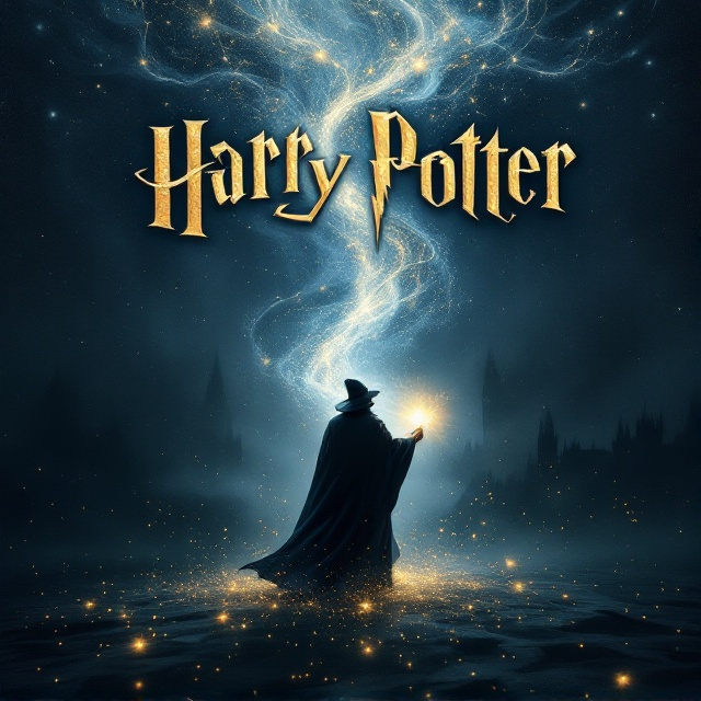 A dark, starry night sky dominates the background, with swirling silver and blue magic-like mist forming a vortex around a shadowy wizard figure at the bottom center. The wizard is holding a glowing wand emitting golden sparkles that cascade upwards, creating a trail resembling constellations. Gothic-style ancient castle spires loom faintly on the horizon, bathed in soft moonlight.