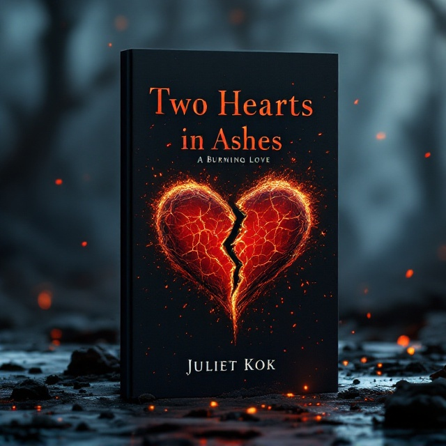 The cover features a pair of intertwined, crimson-red hearts that appear to be melting into ash and embers, set against a dark, smoky background. The hearts are partially cracked and glowing faintly, as though they are on the verge of combustion. The edges of the cover fade into black, creating a mysterious and tragic tone. In the background, faint silhouettes of a desolate, burned-out fantasy landscape are faintly visible, with scattered fragments of sparks floating in the air.