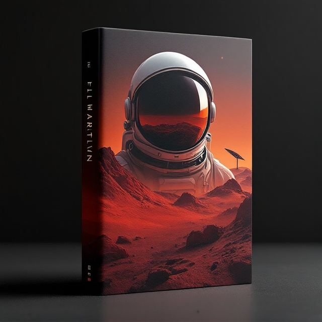 A close-up of an astronaut's helmet takes up the majority of the cover, positioned slightly off-center to add a sense of dynamic movement. The helmet's visor reflects the red Martian landscape, which features jagged terrain and dust-covered rocks. In the distance, a solitary solar panel is faintly visible, hinting at human ingenuity and survival. The barren setting emphasizes isolation, creating an emotional connection. The background is a gradient of deep Martian reds fading into black at the edges, evoking the vast emptiness of space.