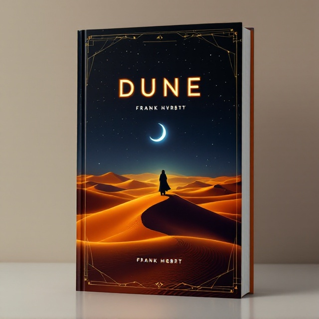 A vast expanse of golden-brown sand dunes dominates the cover, rolling across the horizon under a dark, star-speckled night sky. A faint, blue crescent moon rises above the dunes, its glow casting subtle highlights on the ridges. In the foreground, a lone silhouette of a mysterious figure in a flowing cloak stands atop the tallest dune, gazing into the distance. Fine, futuristic line art of geometric patterns subtly overlays the dunes, adding a sci-fi aesthetic.