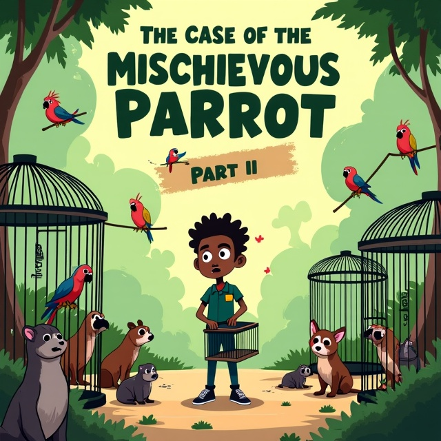 A whimsical cartoon scene of an animal training school is depicted, with various cages scattered around the foreground. Inside the cages are a mischievous monkey swinging from a bar, a colorful cockatoo perched on a swing, and a curious raccoon peeking out. Nearby, a group of animated dogs bark playfully at the creatures inside the cages. In the center stands a frustrated black trainer trying to maintain order while holding an empty parrot cage. The background features a lush, light green environment filled with trees and playful wildlife, capturing the essence of chaos and frustration.