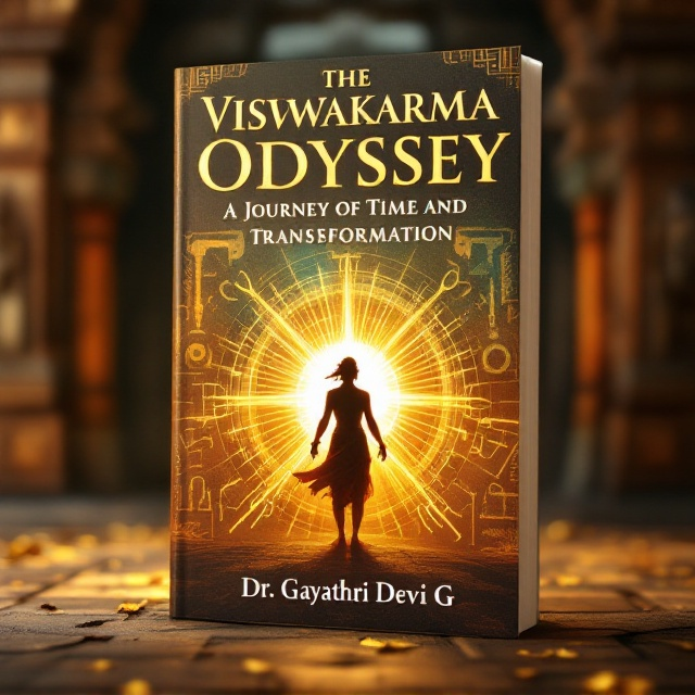 A background that blends ancient temple architecture with intricate tool patterns symbolizing craftsmanship. In the foreground, a silhouette of Viswakarma with rays radiating outwards, representing both divinity and transformation. The color palette is a rich mix of golds and earthy tones, evoking a sense of history and sacredness.