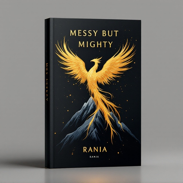 standing book mockup, Its title is "MESSY BUT MIGHTY". Its author name is RANIA.  The cover features a striking contrast of a jagged mountain peak silhouette at the bottom, fading gradually into the dark background, symbolizing challenges and obstacles. Among these obstacles, a golden phoenix rises, its wings spreading upward in dark gold, signifying triumph and self-realization. Subtle, abstract patterns of brush-stroke textures weave through the black background, layering a sense of depth and complexity. The book title "MESSY BUT MIGHTY" is in a bold, serif font in dark gold, creating a sense of strength and boldness. The author name "RANIA" is placed delicately beneath the title in a contrasting, elegant script typeface, embodying sophistication and personal touch., Centered composition featuring the mountain and phoenix, with the title above the illustration and the author's name below. The use of black occupies most of the space, allowing the dark gold elements to pop and catch attention.