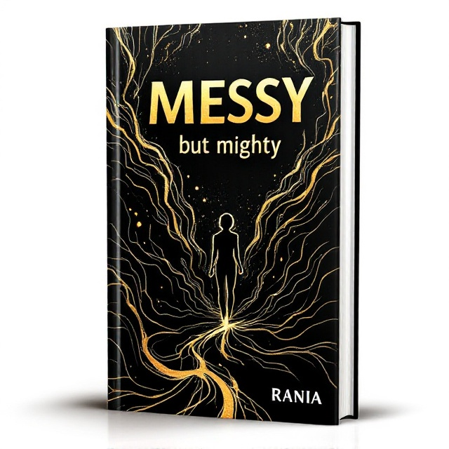 The cover features a dynamic interplay of bold black and streaks of dark gold resembling a river of molten metal. The central focus is a silhouette of a person standing tall amidst a swirl of abstract, chaotic lines representing challenges and insecurities. The design extends beyond the body, suggesting growth and breakthrough. A backdrop of subtle textural elements in black adds depth.