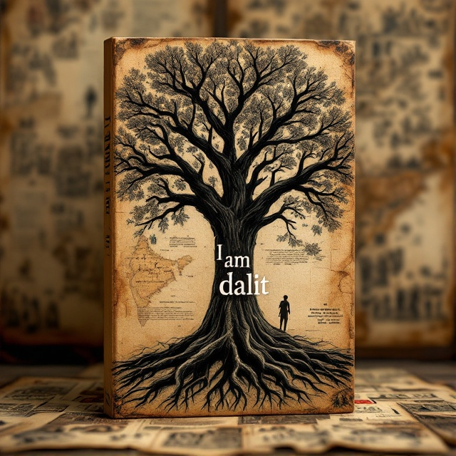 A striking image of an ancient, worn-out tree with wide-spread roots placed against a backdrop of an old parchment map depicting India's caste system. The tree symbolizes resilience and deep-rooted heritage. In the background, blurred illustrations of historical events subtly emphasize the theme of struggle and perseverance. The coloration is a blend of earthy tones, with dominant browns and muted golds, to signify history and legacy.