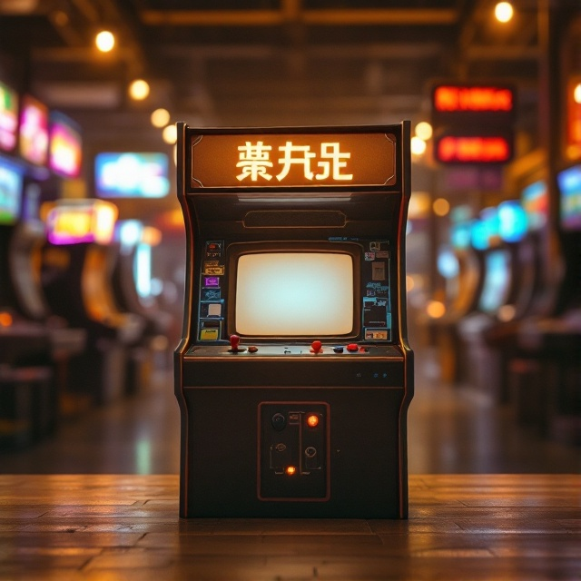 A central, nostalgic image of a classic arcade machine with a glowing screen. The machine is surrounded by subtle, faded images of a bustling arcade hall from the 80s, with bright neon lights and pixelated game graphics interwoven into the background. The overall tone is sepia, evoking a sense of time and history.