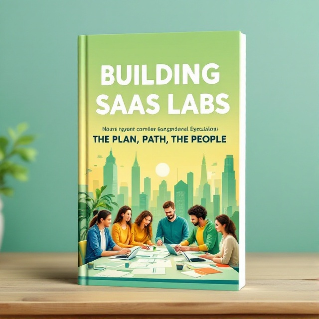 A stylized illustration of a young, dynamic team working collaboratively on a large table filled with digital devices and paper sketches. In the background, a vibrant cityscape symbolizes the growth and expansion potential of SaaS Labs. The use of gradient greens and yellows conveys energy and inspiration.