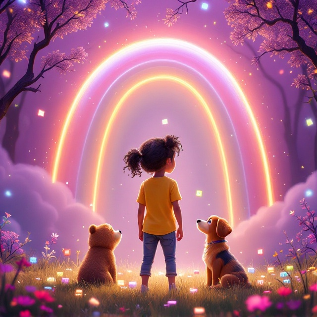 Olivia stands in the center of the cover, her back to the reader, showing her joyful interaction with the magical world around her. Her bright yellow t-shirt stands out against the glowing purple hues of the background. Glowing rainbow arches above, while multicolored blocks float around her feet, illuminating the soft, grassy ground. The cute 3D Pixar-animated bear and German shepherd puppy sit to her sides, gazing at her with eyes full of wonder. The magical trees and clouds shimmer radiantly, enhancing the fantastical feel. Patricia Funaki’s name is displayed at the top in a subtle, complimentary style.