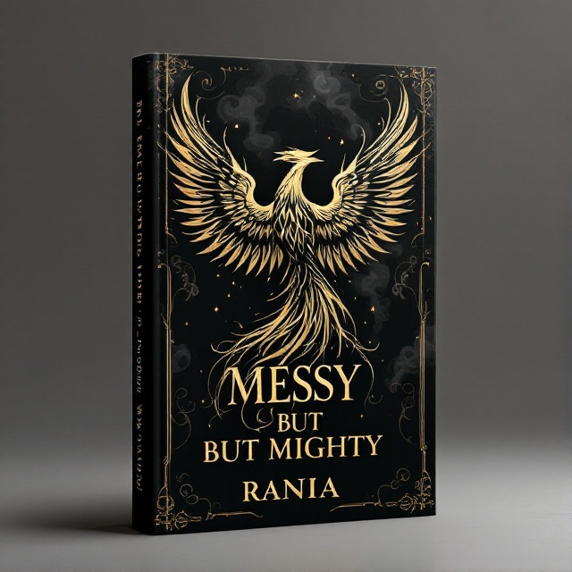 A mighty phoenix rising from ashes, its feathers illustrated with detailed patterns in dark gold and black, symbolizing rebirth and strength. The background features abstract swirls in black, simulating smoke and creating a sense of motion and transformation. The gold shines subtly against the backdrop, offering a luxurious touch while emphasizing the phoenix’s grandeur.