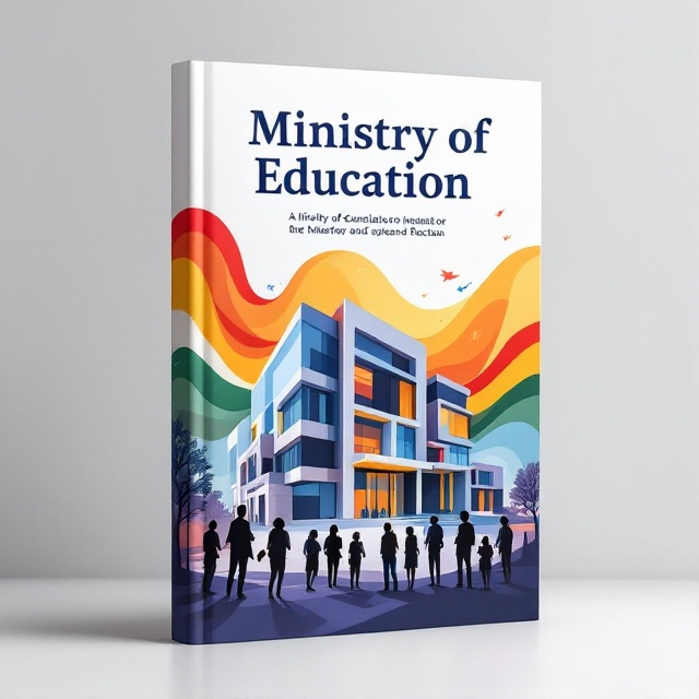A bold, dynamic illustration of a stylized, modern educational building forms the centerpiece of the cover, with an abstract flag in the background subtly entwining around the structure to evoke a sense of national pride. In the foreground, silhouetted figures of diverse students collaborate, representing unity and diversity within education.