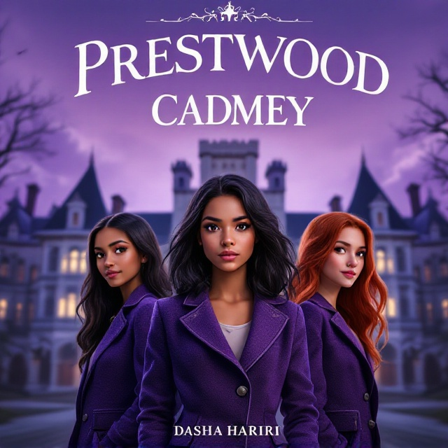 The cover features a trio of girls standing confidently in the foreground against the backdrop of a grand, white castle-like school. The girl in the center, with brown skin and shoulder-length black hair, holds an enigmatic expression. On her right, the smiling girl with long, waist-length red hair and freckles, and on her left, the girl with a short wavy carrot bob frowning slightly. All three wear decorative, purple blazers that stand out vividly. The sky above is a soft twilight purple, adding a mystical ambience to the scene. The castle is illuminated, suggesting hidden secrets within.