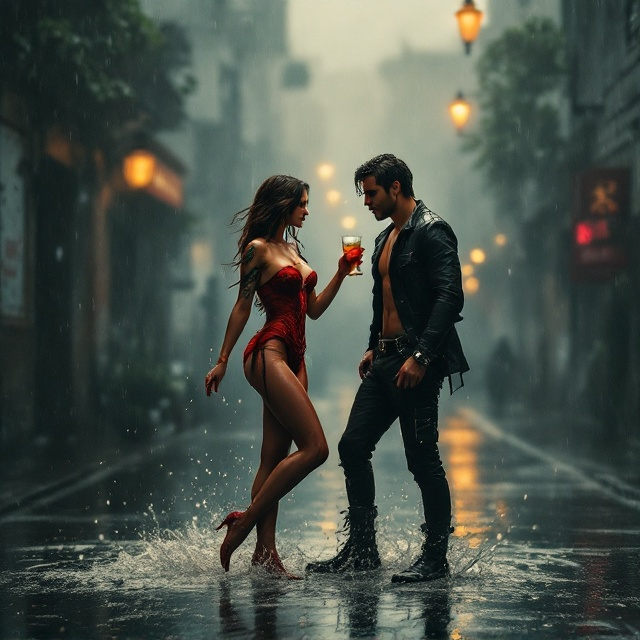 A misty, rain-soaked street serves as the backdrop. Spotlighting the center are two figures a stunning brunette woman with a vibrant red corset, drink in hand, in mid-dance. Her bare feet splashing in puddles, drenched with rain, her tattoo visible on her arm. Opposite her, stands a tall, muscular man dressed in sleek black attire, including military boots and with wet hair falling mystically over his face. A moody and warm color palette evokes passion and mystery.