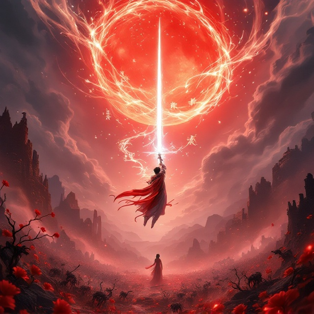 The cover features a dynamic scene centered around a young warrior hovering in the sky, gripping a glowing sword. A radiant scroll unfurls in mid-air, with luminous verses spiraling around the blade which slices through the crimson sky. Below, a battlefield stretches out, littered with the ruins of the Tengwang Pavilion. A blood-red moon looms ominously, casting a scarlet hue over fiery red lotuses and an army of skeletal remains. In the background, the silhouette of an empress watches over, while a mystical nine-tailed fox from the Qingqiu stands poised.