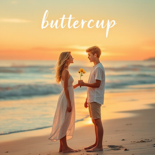 The cover features a romantic beach scene during sunset. The foreground displays the boy and girl standing close, with the boy gently handing a single buttercup flower to the girl. The girl's honey blond hair catches the sunset hues, and she gazes up with her ocean blue eyes at the taller boy. They stand barefoot on the sandy beach, with gentle waves and a warm, golden sky in the background. The pastel colors of the sundress and the casual outfit of the boy add to the dreamy ambiance.