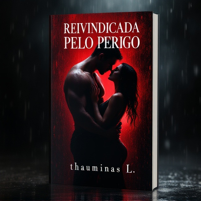 A dark, moody scene depicting a passionate embrace between a tall, muscular man and a woman, both drenched in rain. The rain forms a misty curtain around them, enhancing the air of mystery. Their silhouettes are sharply highlighted against a deep red background, with droplets shimmering in the pale light. The couple's pose conveys intense emotion, while the rain adds a sense of urgency and drama.
