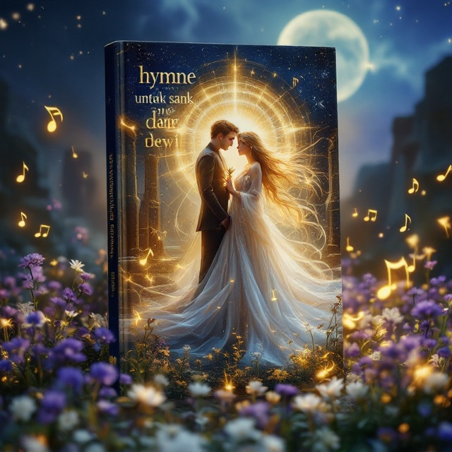 The cover showcases a celestial scene with Dewi Aurelia, radiant with divine light, placed centrally. Her luminescent aura bathes her golden, silk-like hair and moonlit gown, creating a focal point of ethereal beauty. To her right stands Tuan Putri Arielle in an elegant sapphire-blue gown with a silver accent, firmly holding a carved dagger, embodying her resolute spirit. On the left, in the shadows, is Caelum, cloaked in darkness, exuding an enigmatic presence with his piercing gaze. Below, wildflowers in purple and white sway in the wind, while musical notes gently glow around, symbolizing a hymn. The background is a starry Aerondale night, with moonlight illuminating ancient ruins, adding a mystical aura.
