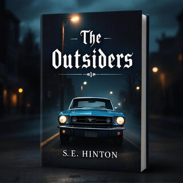 A moody, dimly lit street setting with an old blue Mustang parked under a flickering streetlight. Shadows play on the car's surface, creating an aura of mystery and suspense. In the background, subtle silhouettes hint at a cityscape, and the sky is overcast, adding to the atmosphere of anticipation and danger.