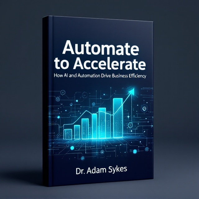 The cover features a deep navy background (#0A1F44), creating an aura of professionalism and sophistication. Centered at the top is the title "Automate to Accelerate" in bold typography with a subtle teal glow. In the background, transparent business-related visuals include a rising bar chart, abstract financial data overlays, and interconnected network motifs, subtly enhanced with futuristic icons like gears and an AI silhouette. A thin geometric teal divider separates the subtitle from Dr. Adam Sykes' name at the bottom.