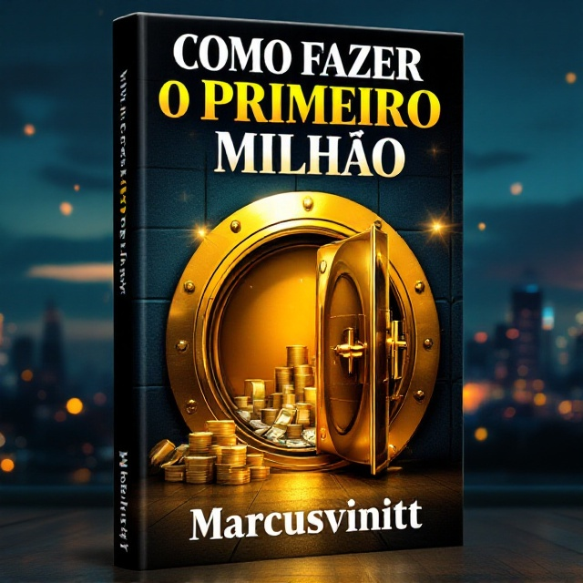 A dominant image of a golden vault door slightly ajar with stacks of money and jewels visible inside. In the background, a city skyline at dusk, symbolizing wealth and success, subtly fades into view. The color scheme consists of rich golds, deep blues, and hints of green to evoke wealth and prosperity.