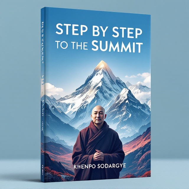 A serene yet powerful image of Khenpo Sodargye is centered on the cover, standing confidently near a majestic Tibetan mountain under a clear blue sky. The mountain’s peaks reach upwards, symbolizing the summit. The background is dominated by shades of blue and occasional red accents within the landscape, contributing to a feeling of spiritual elevation and persistence.
