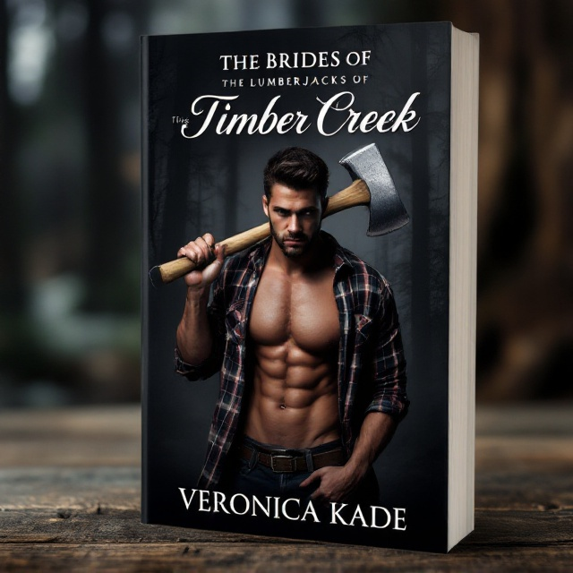 A dark, misty forest backdrop with towering trees fades into shadows. Front and center, a ruggedly handsome man with an open flannel shirt, revealing his muscled torso, holds a gleaming ax over his shoulder. His eyes hold a smoldering intensity, suggesting a mix of danger and passion. The edges of the cover blur slightly into the shadows, evoking an aura of mystery and allure.