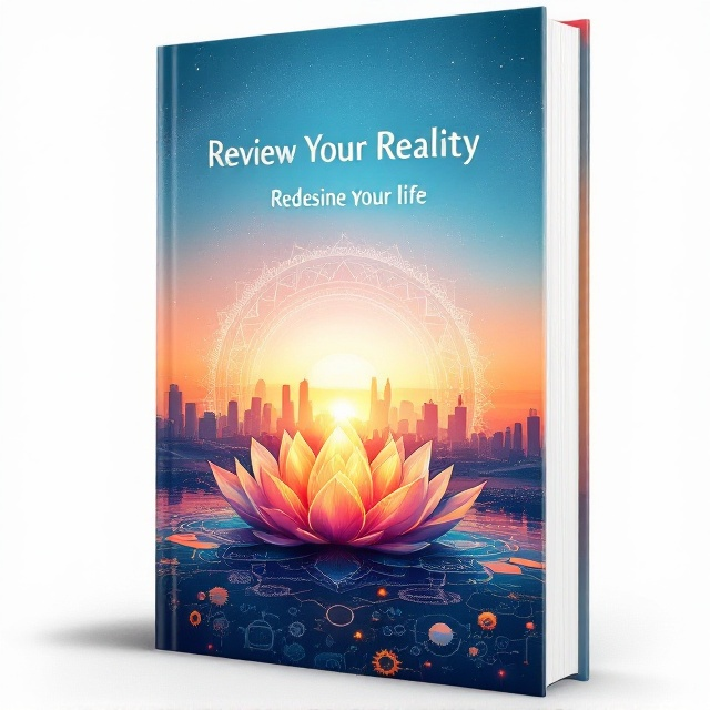 A serene yet commanding landscape, featuring a horizon where a tranquil sunrise transitions into a bustling city skyline. The bottom half of the cover showcases an abstract lotus mingled with gears and graphs, suggesting a balance between spirituality and business. A subtle mandala pattern in the background adds depth.