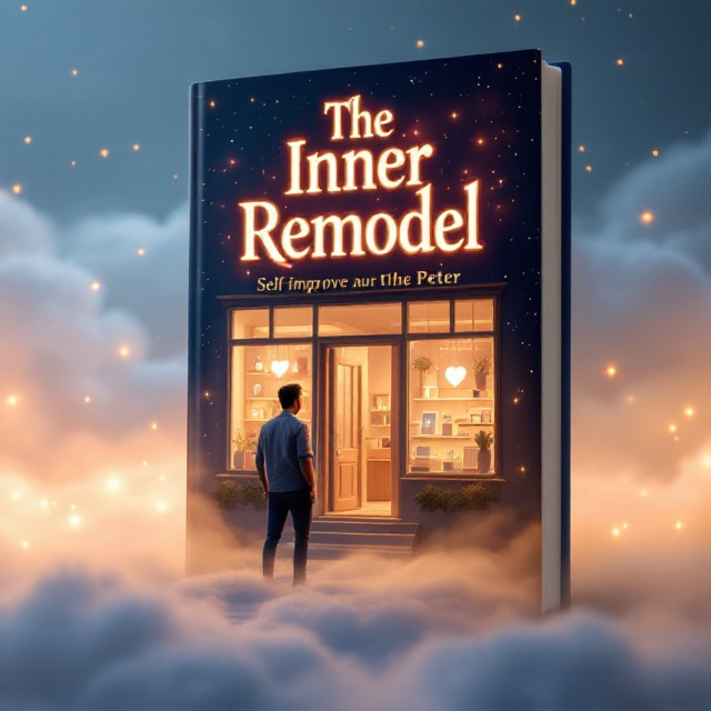 A mystical, softly illuminated store front floats in a dreamy, surreal landscape. The store is adorned with glowing symbols of self-improvement, like symbols of a heart, brain, and open book subtly lighting the entrance. In the foreground, a human male stands, mid-step towards the inviting entrance. The landscape is ethereal, composed of pastel shades with slight mist, giving it an otherworldly yet welcoming feel.
